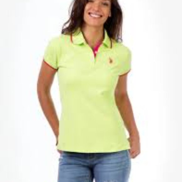 U.S. Polo Assn. Polo Shirt Women’s Large Lime Green Pink Embroidered Polka Dot - Picture 1 of 10